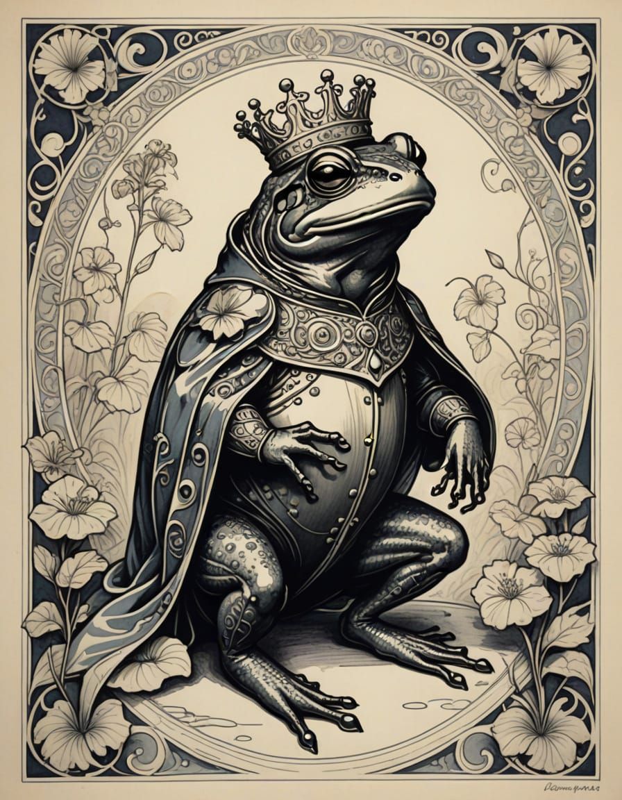 Art Nouveau Prince Frog in Elegant Ink Drawing