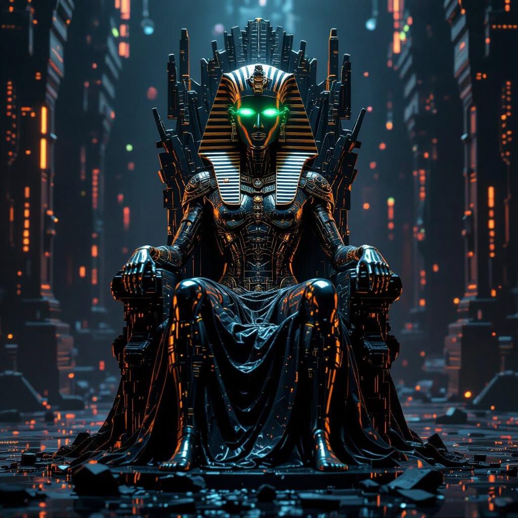 Cyber Sphinx on Blockchain Throne, Quantum Eyes, Surreal Art