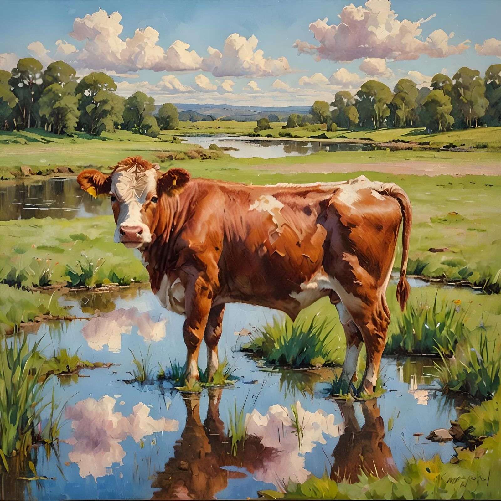 Impressionist Calf by Pond Oil Painting