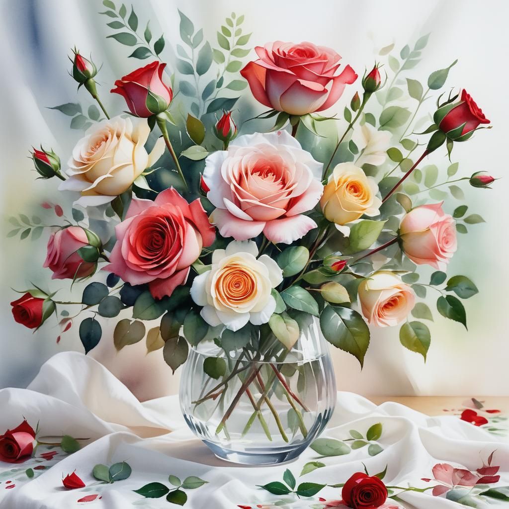 Watercolour Roses in Glass Vase
