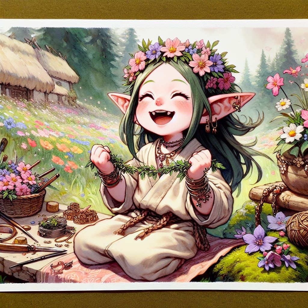 Whimsical Goblin Floral Craftswoman in a Spring Meadow