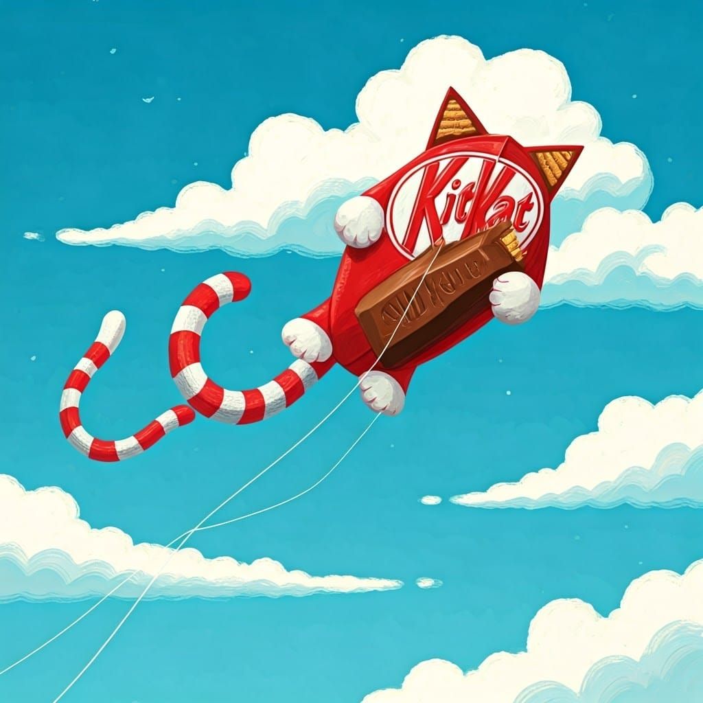 Whimsical Cat Kite Soaring in Blue Sky Illustration