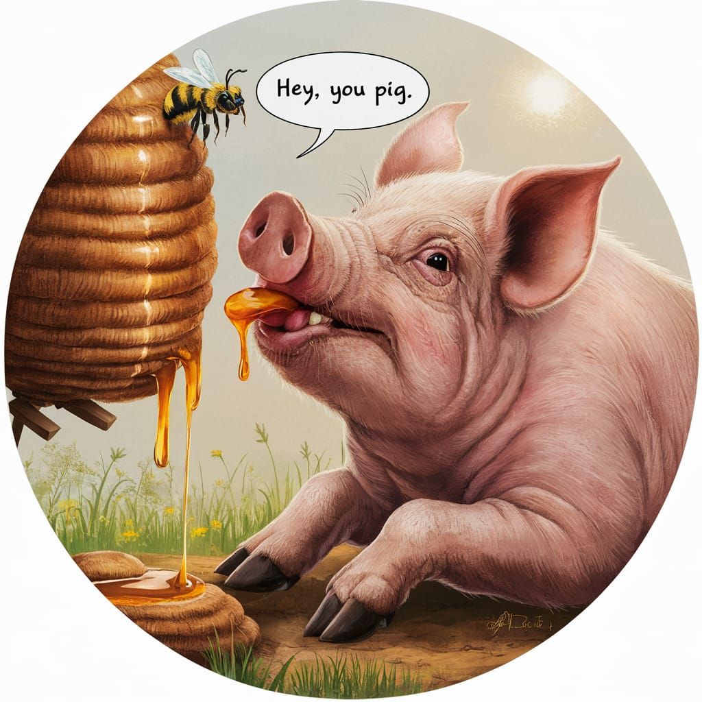 Pig Licking Honey from Beehive in Storybook Style