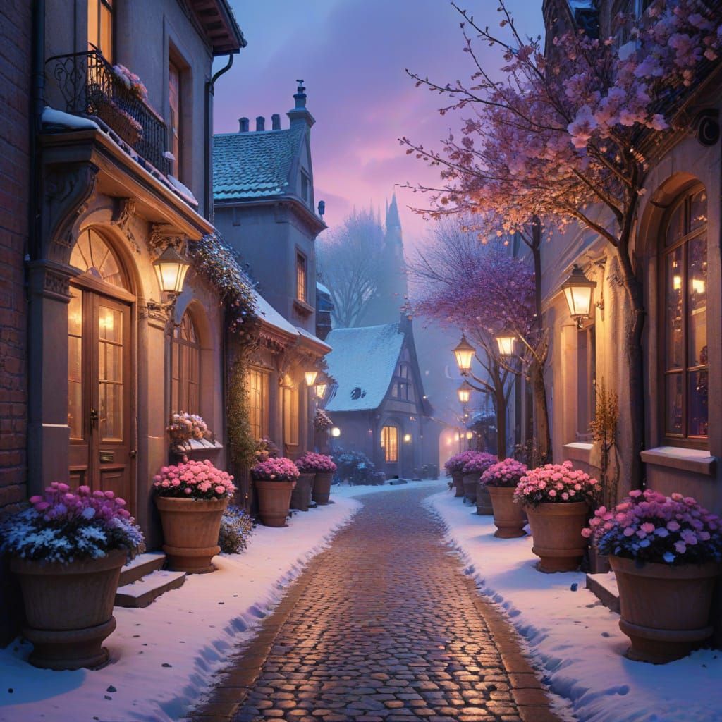 Magical Winter Twilight in European Village