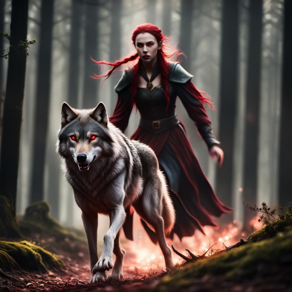 Wolf Chasing Elf in Forest with Glowing Eyes