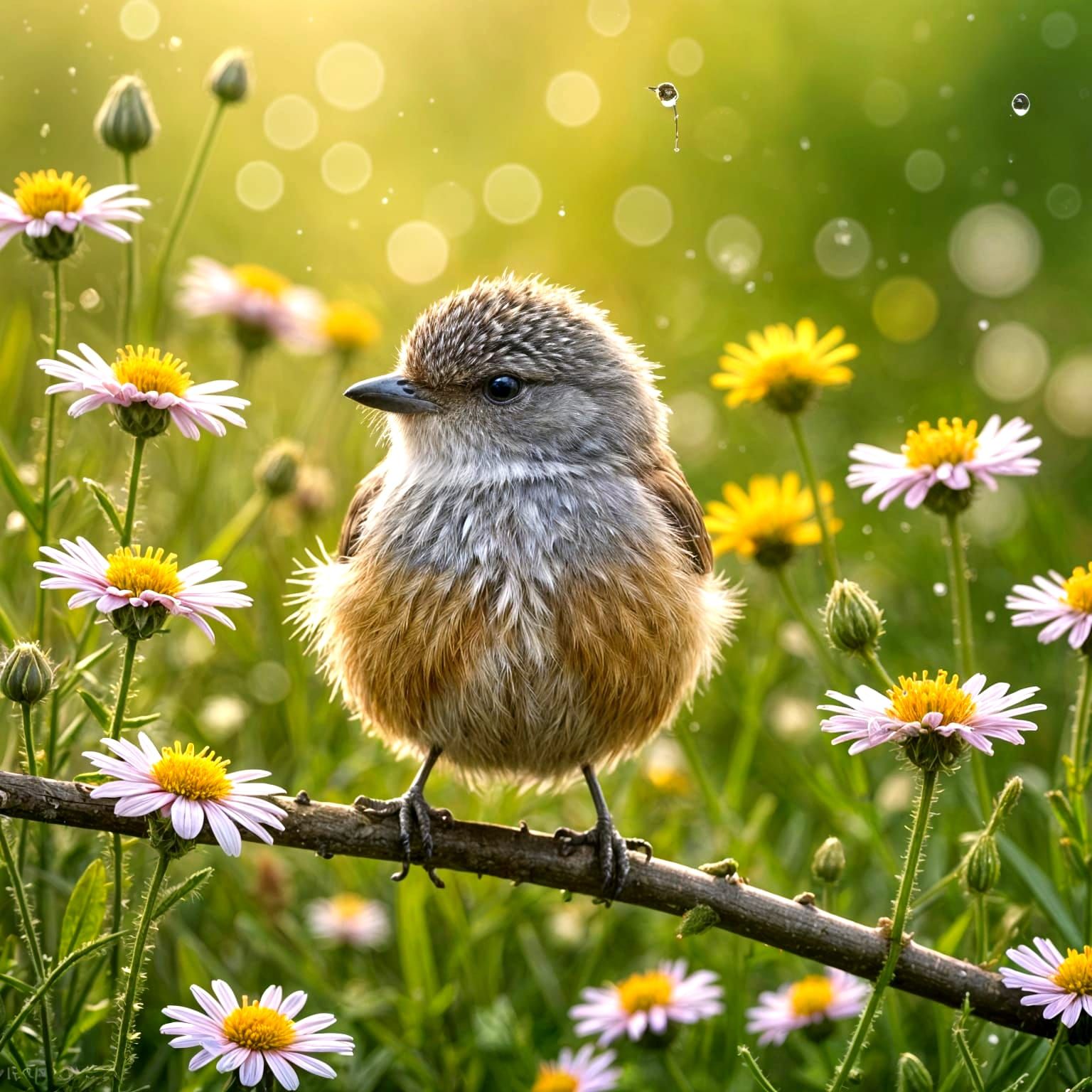 Whimsical Bird on Flower in Spring Meadow