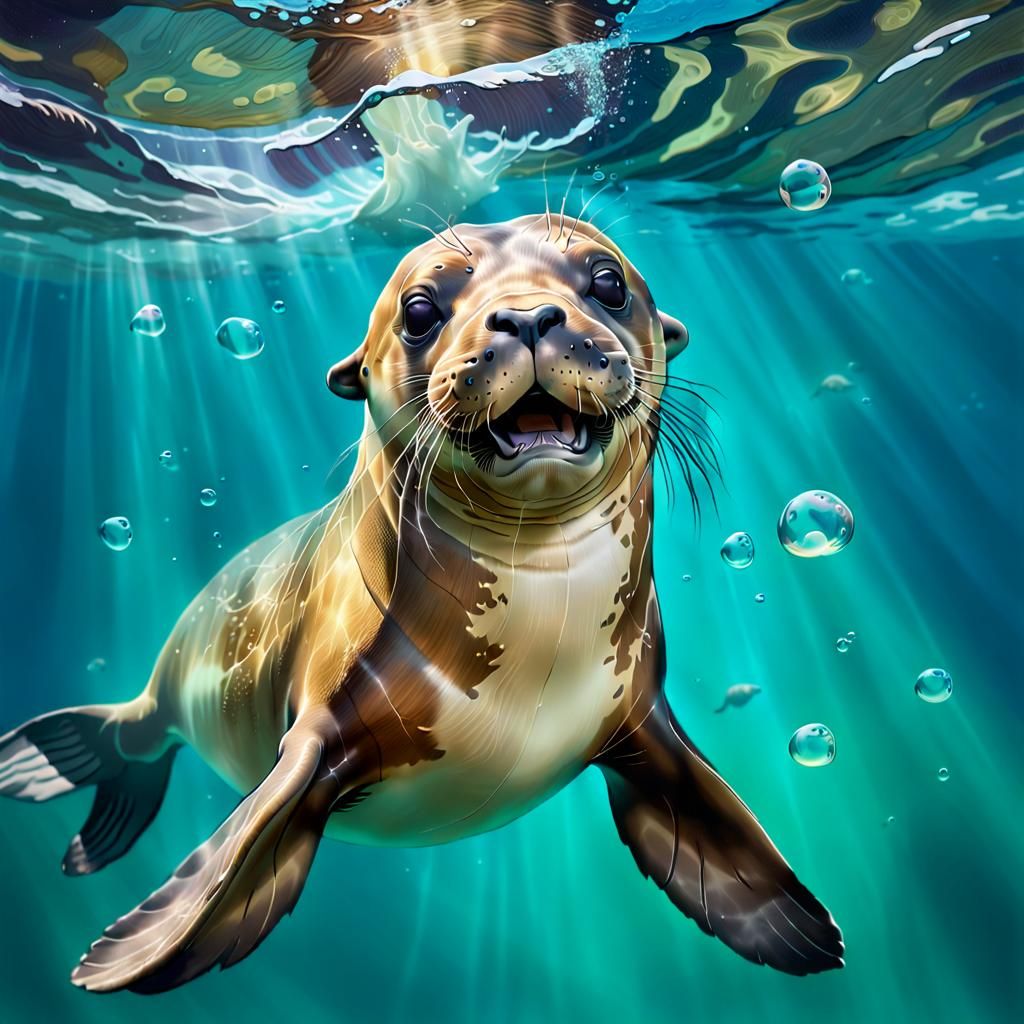 Happy Sealion Swimming Underwater in Hyperrealistic Splash A...