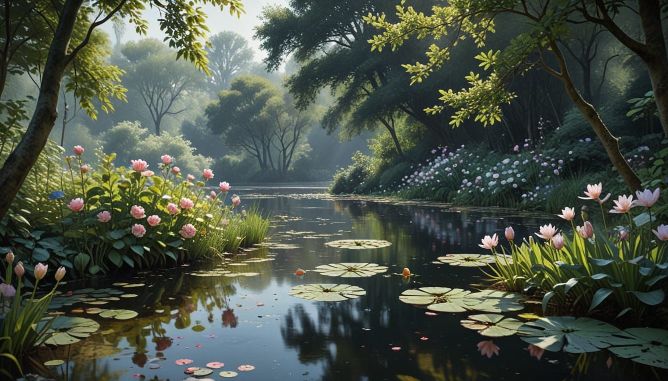 Hyper-Realistic Watercolor Lake with Flowers