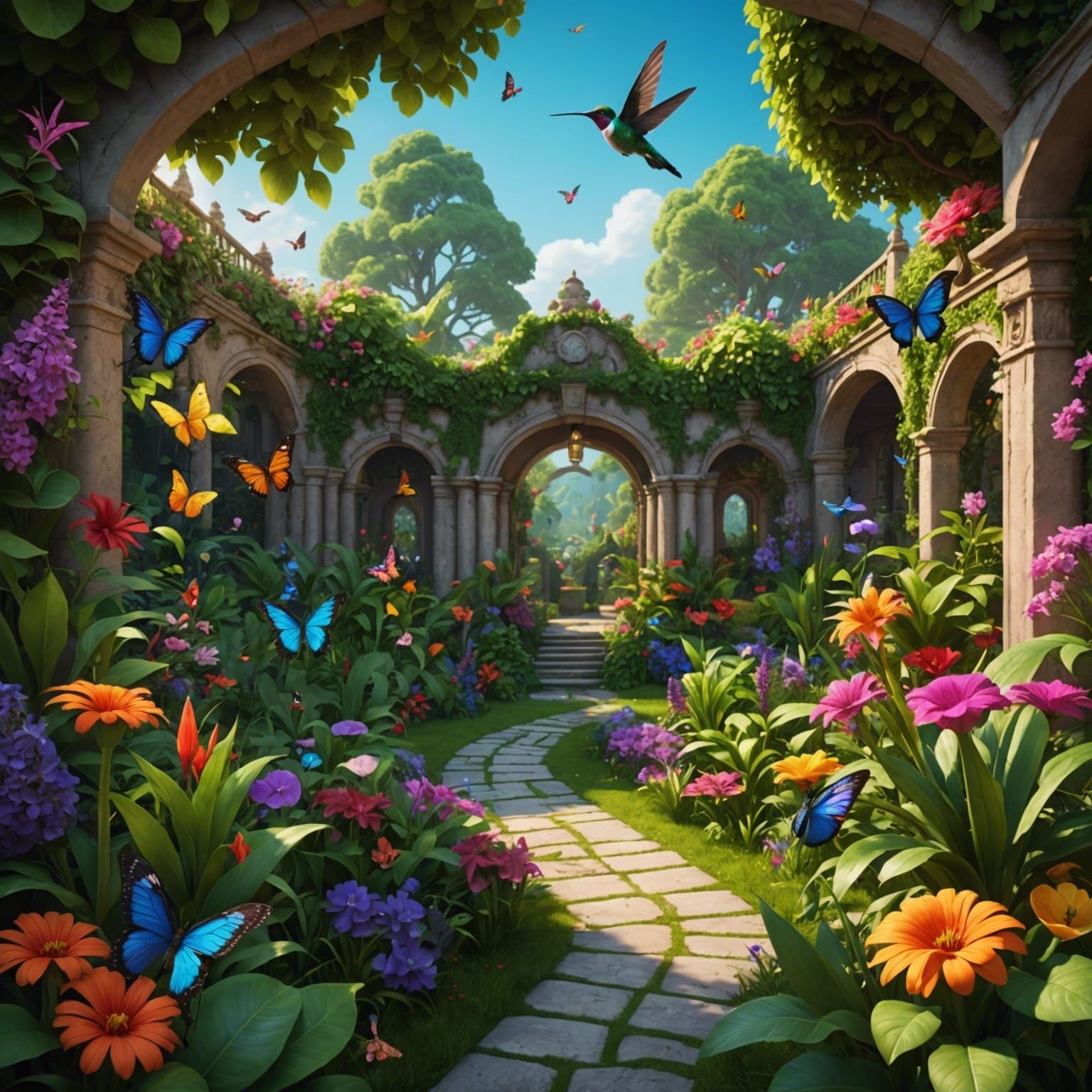 Lush Garden with Hummingbirds: Fantasy Concept Art