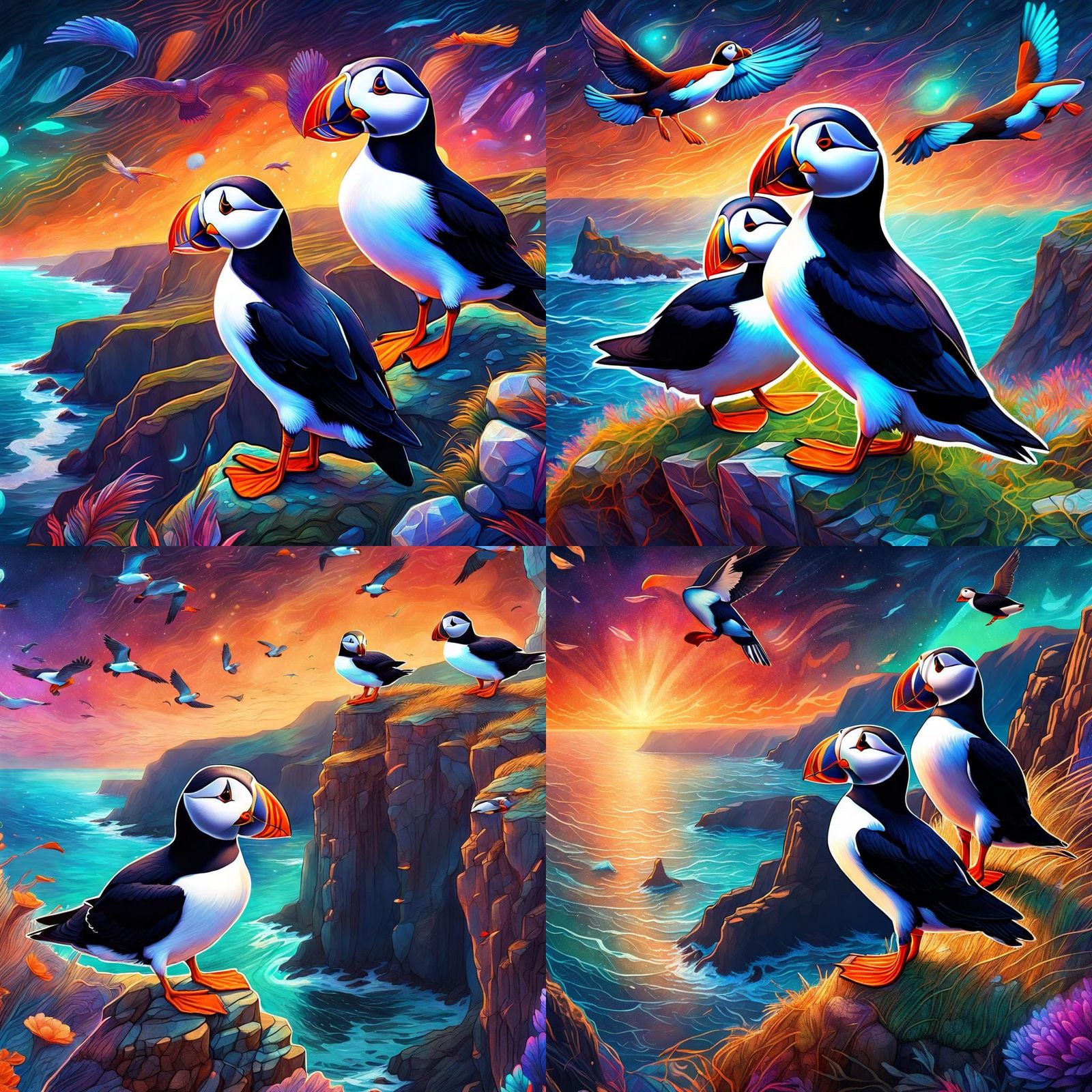 Astral Atlantic Puffins on Coastal Cliffs, Holographic Illus...