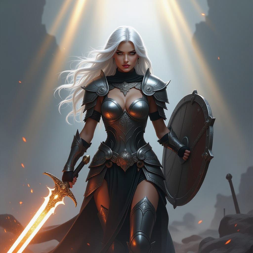 Ethereal Warrior Woman in Silver Armor with Glowing Sword