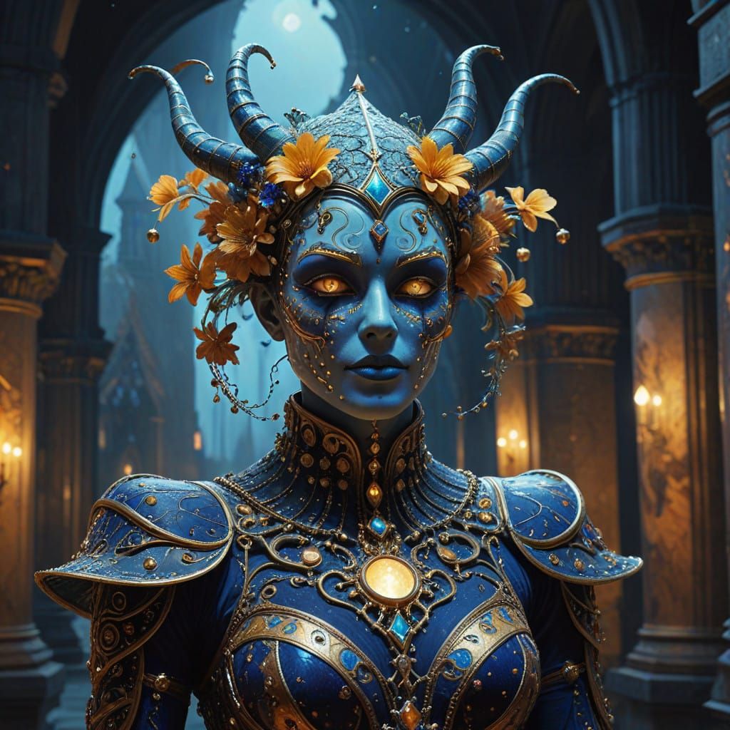 Ethereal Jester in Celestial Court, Adorned with Glowing Har...