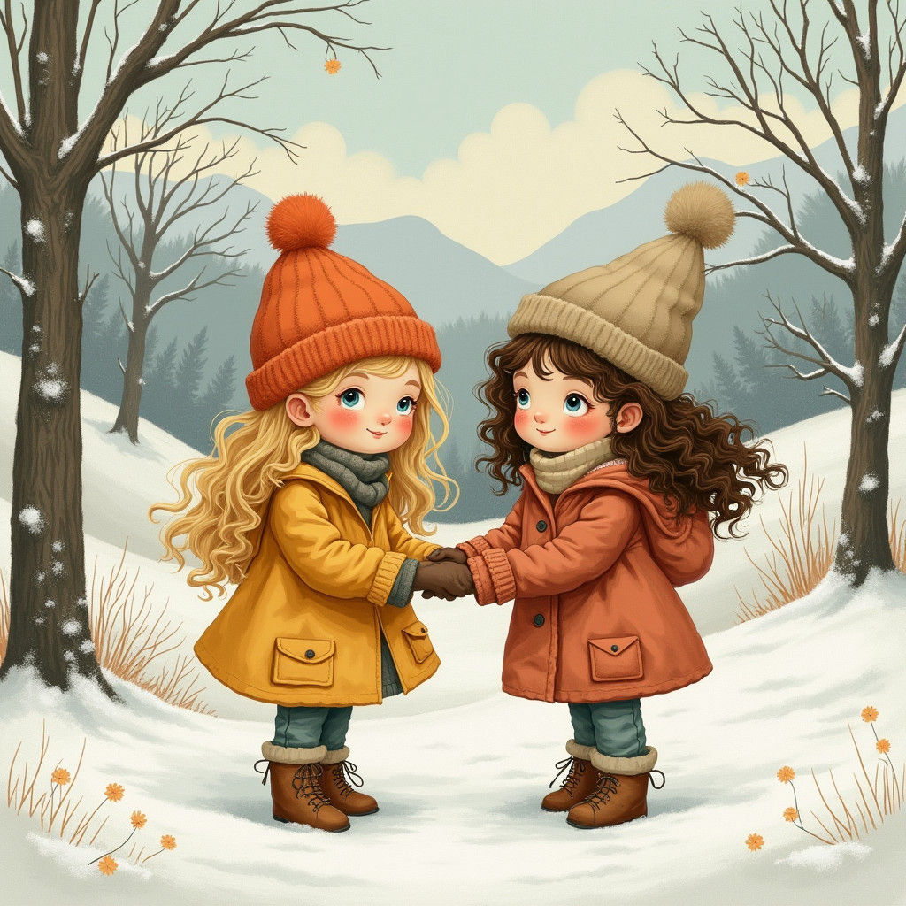 Whimsical Winter: Two Girls in Snowy Landscape