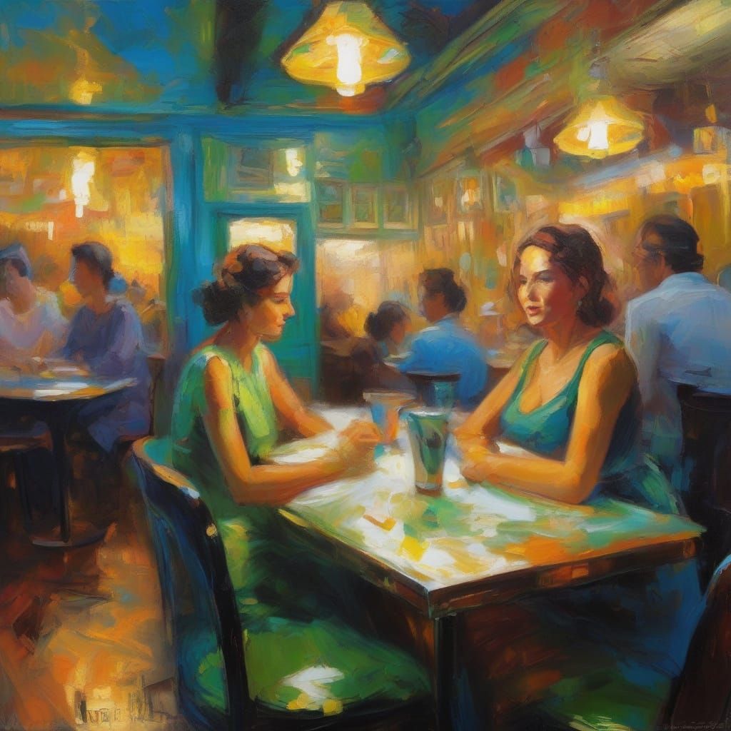Impressionist Cafe Interior with Neon Accents