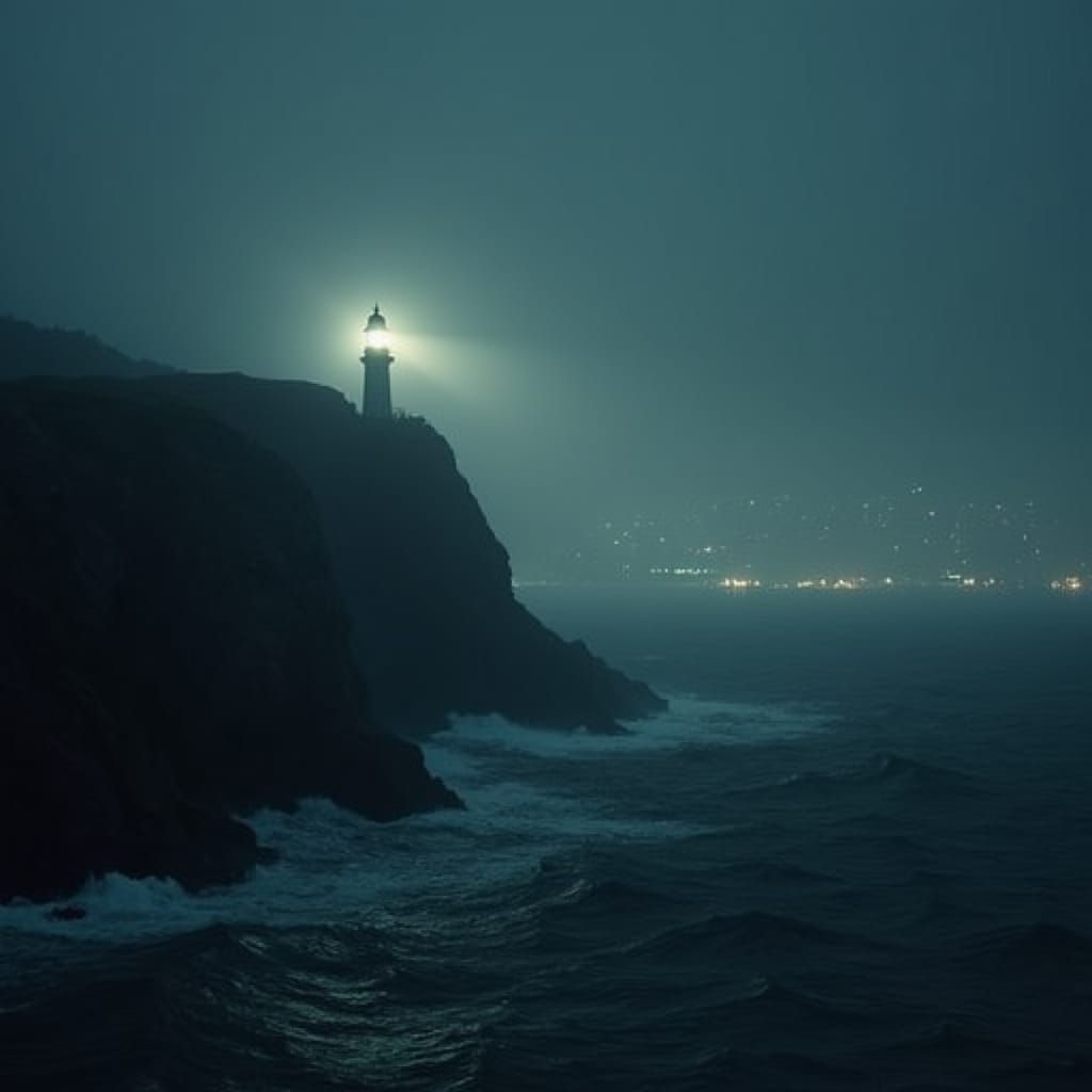 Lighthouse Beam Pierces Noir Fog Over Stormy Seas