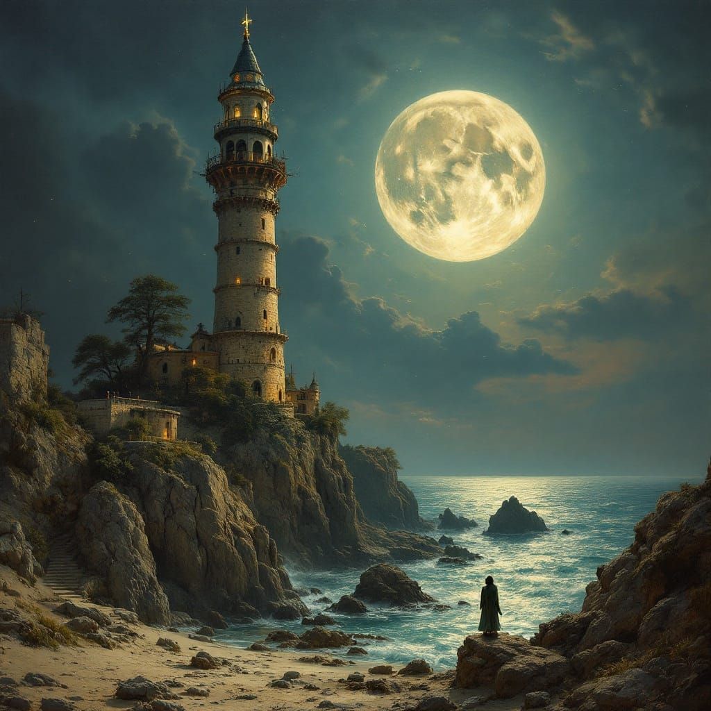 Moonlit Tower by the Sea: Detailed Matte Painting