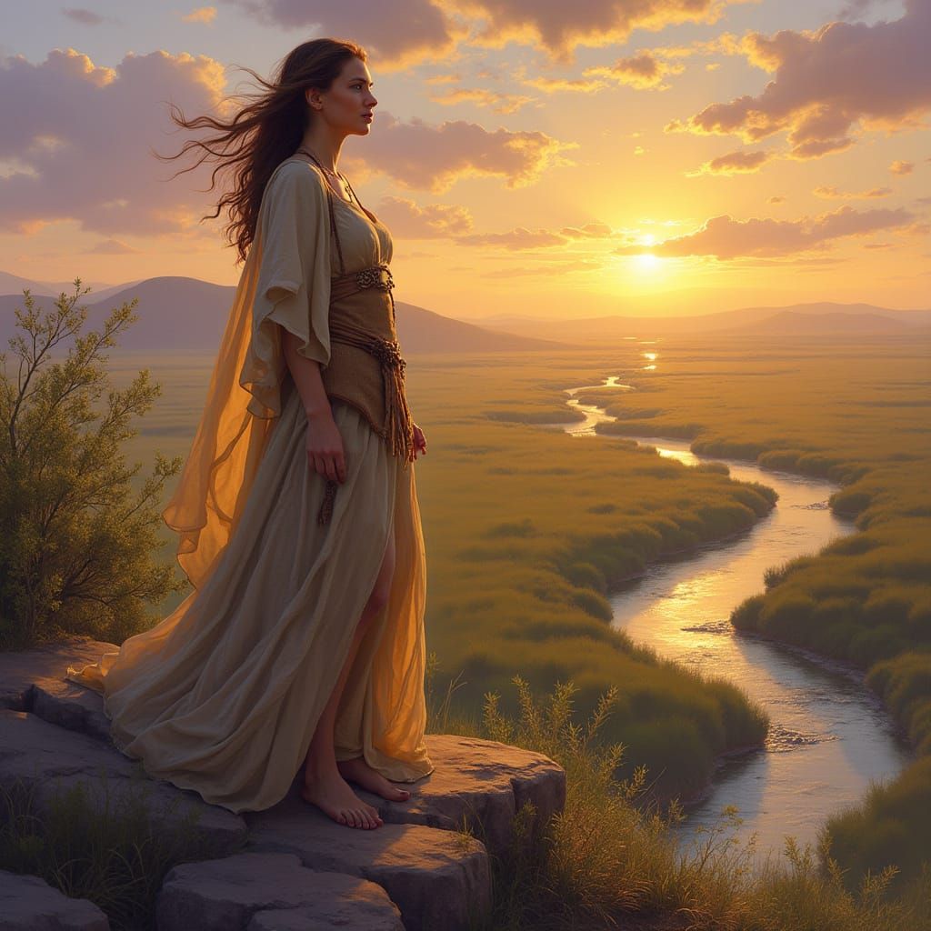 Woman Overlooks Sunset Plain in Natural Hues