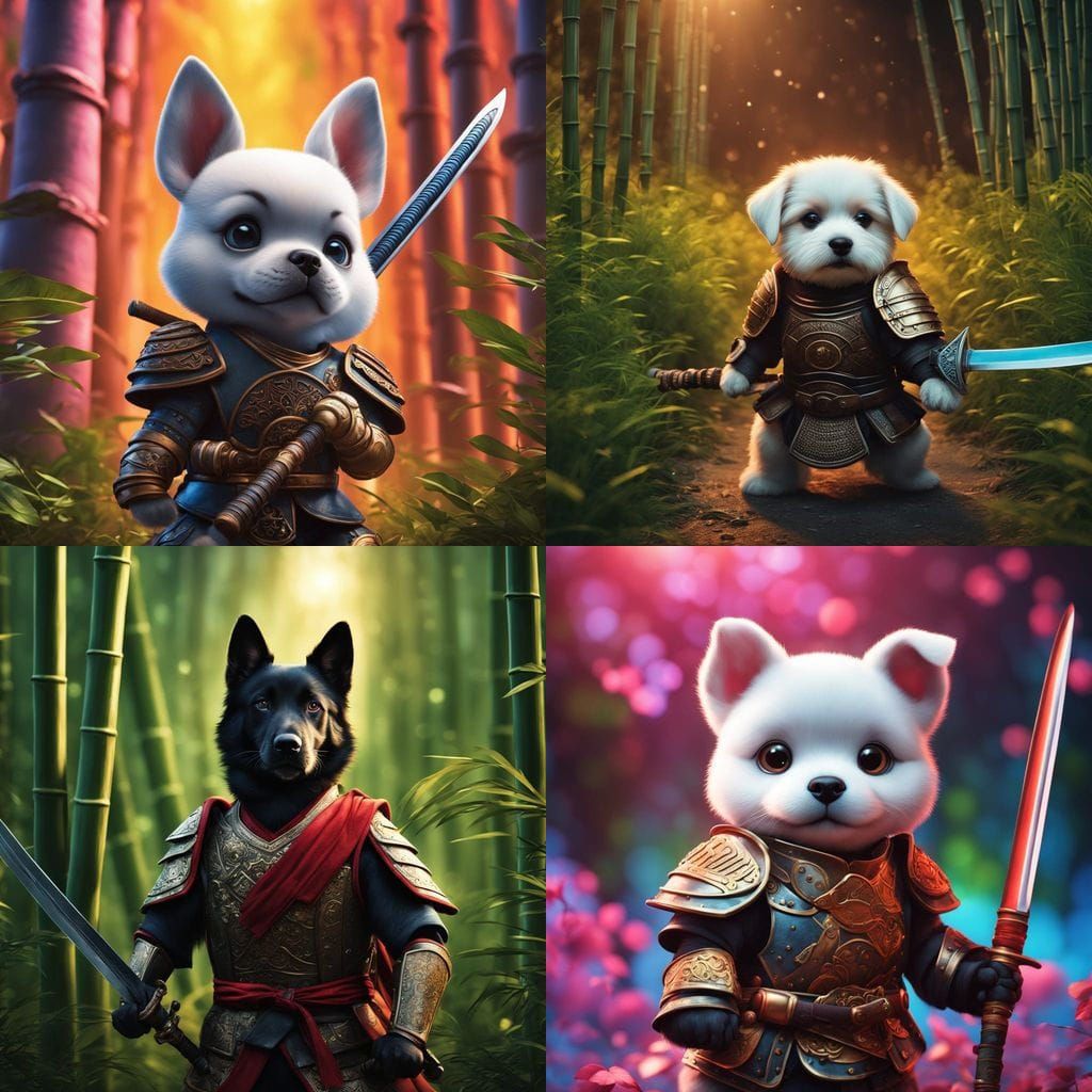 Puppy Samurai Warrior in Bamboo Forest, Digital Art