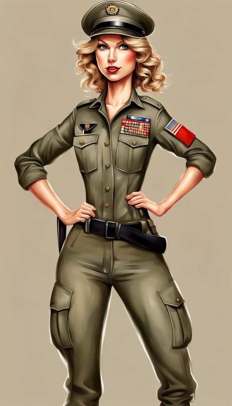 military combat outfit, funny caricature of Taylor Swift, fu...