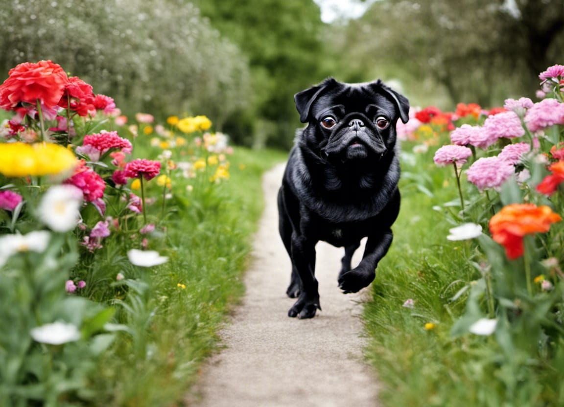 Black Pug's Floral Path Through the Forest