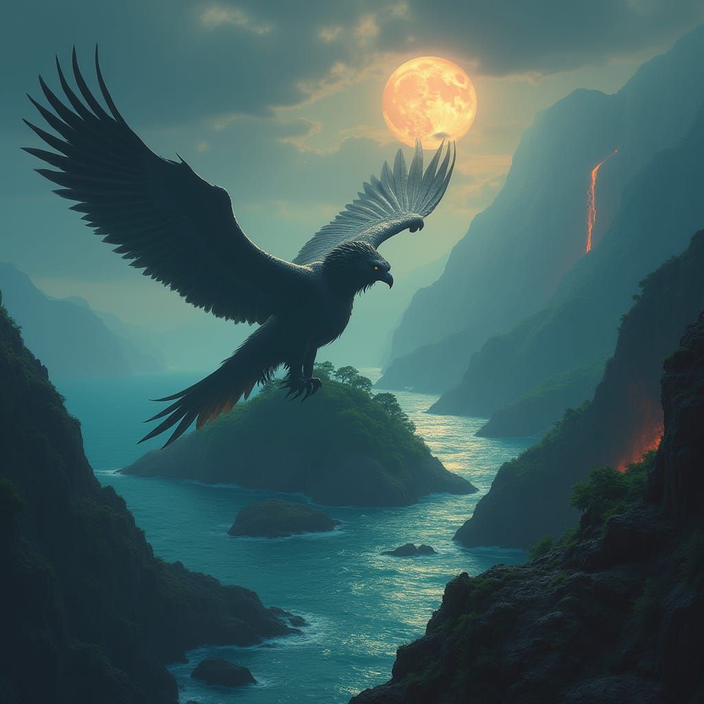 Griffin Soaring Above Island, in Dark Fantasy Style