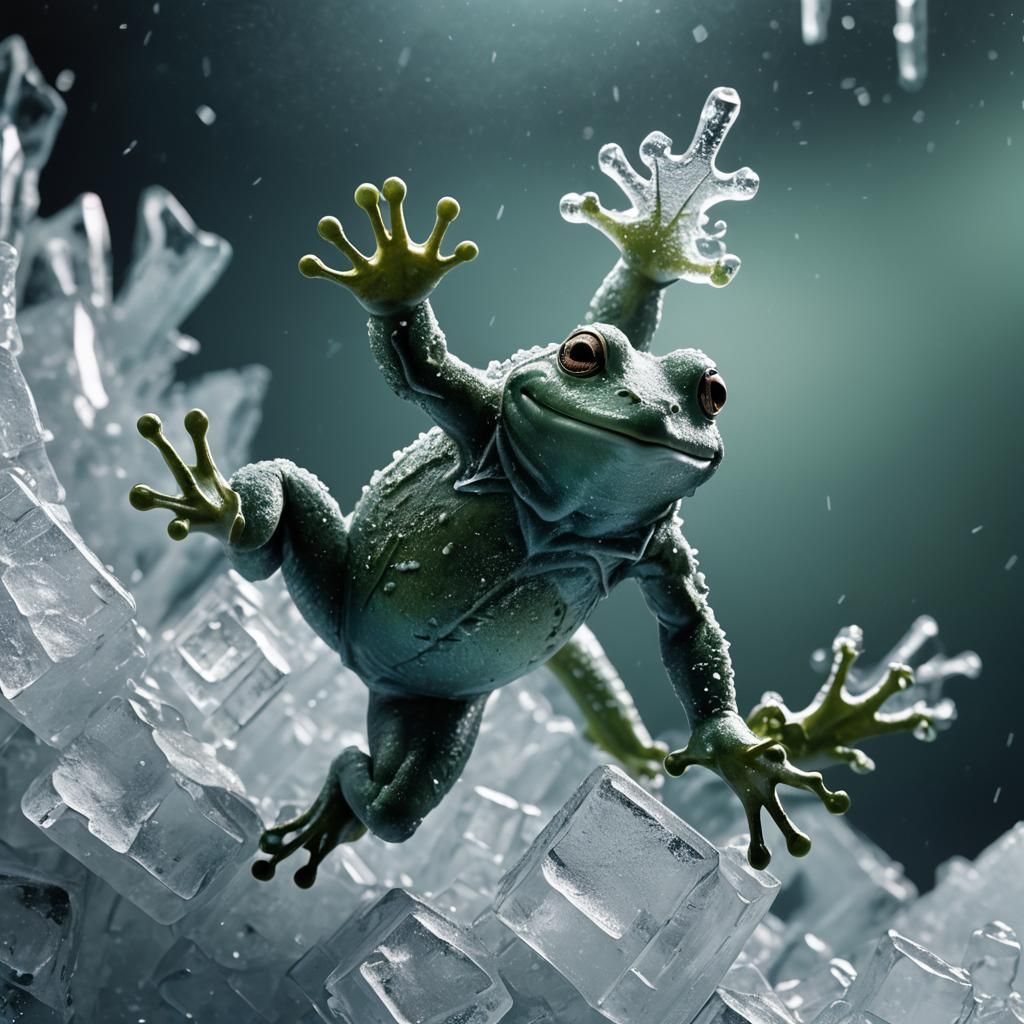 Hyper-Realistic Ice Sculpture of Frog in Mid-Jump