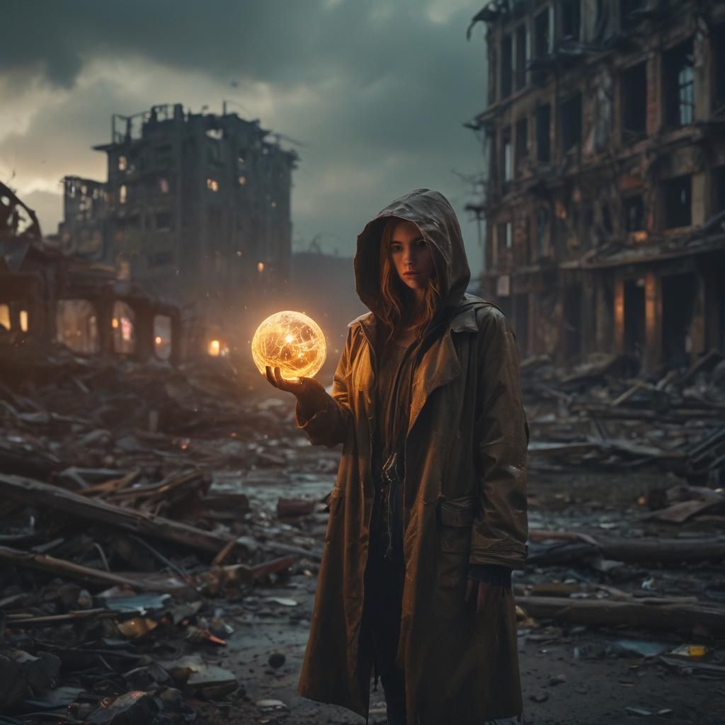 Post-Apocalyptic Woman with Glowing Orb in Ruins
