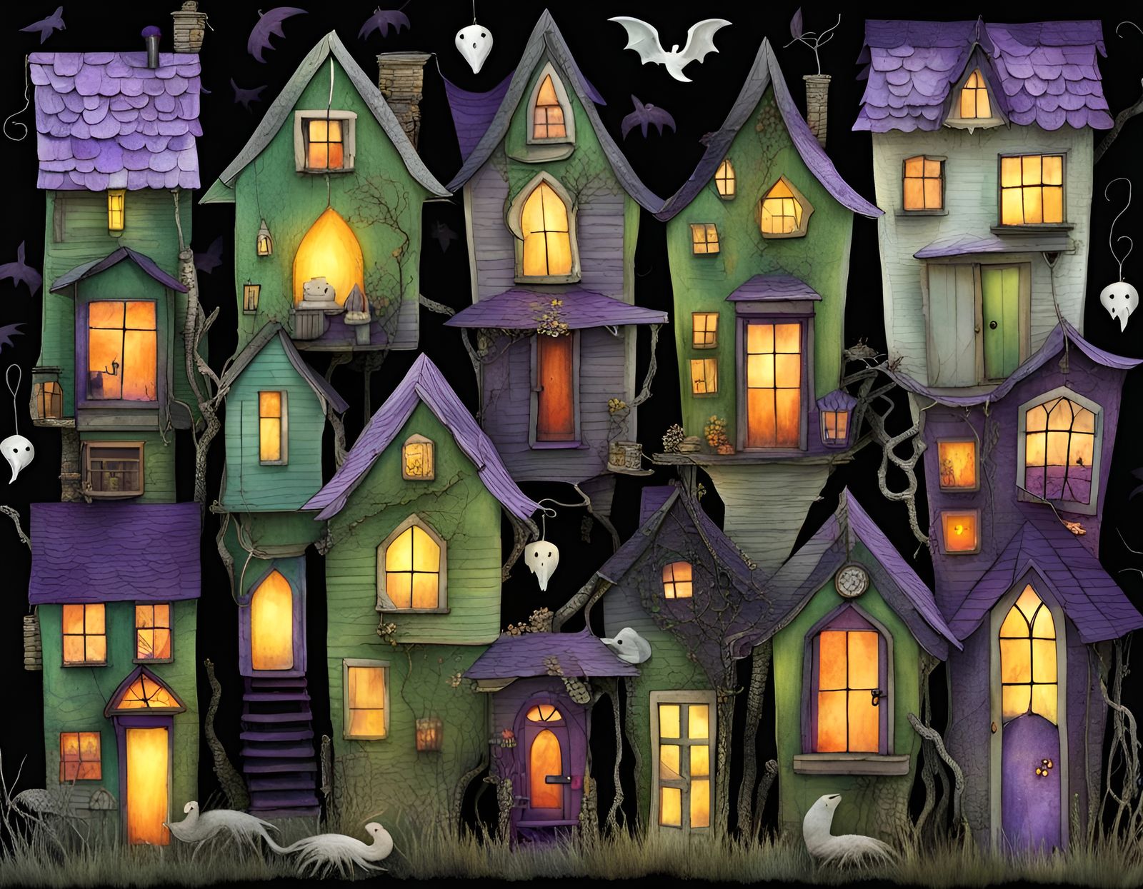 Spooky Haunted Village with Ghosts in Collage Style