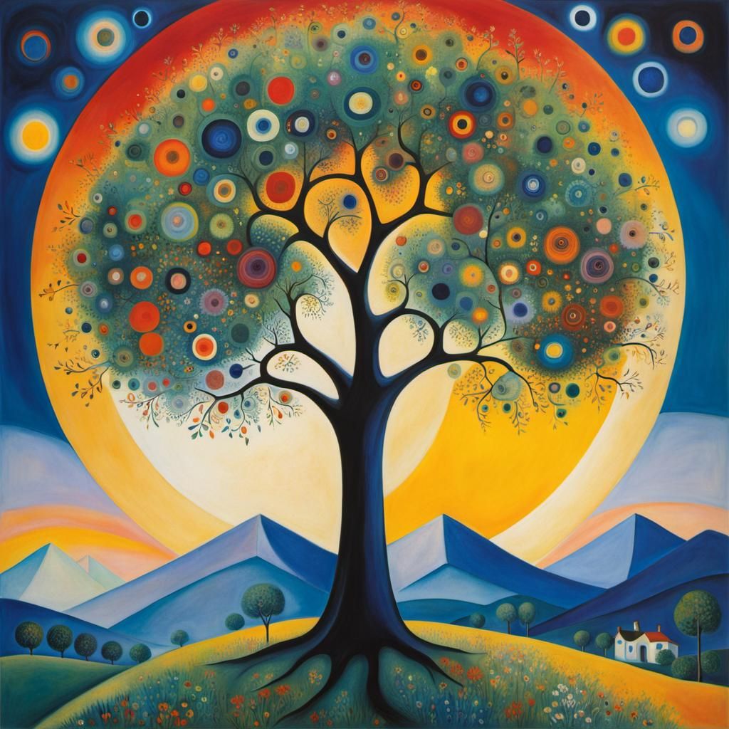 Abstract Sunrise Tree in Kandinsky-Chagall Style