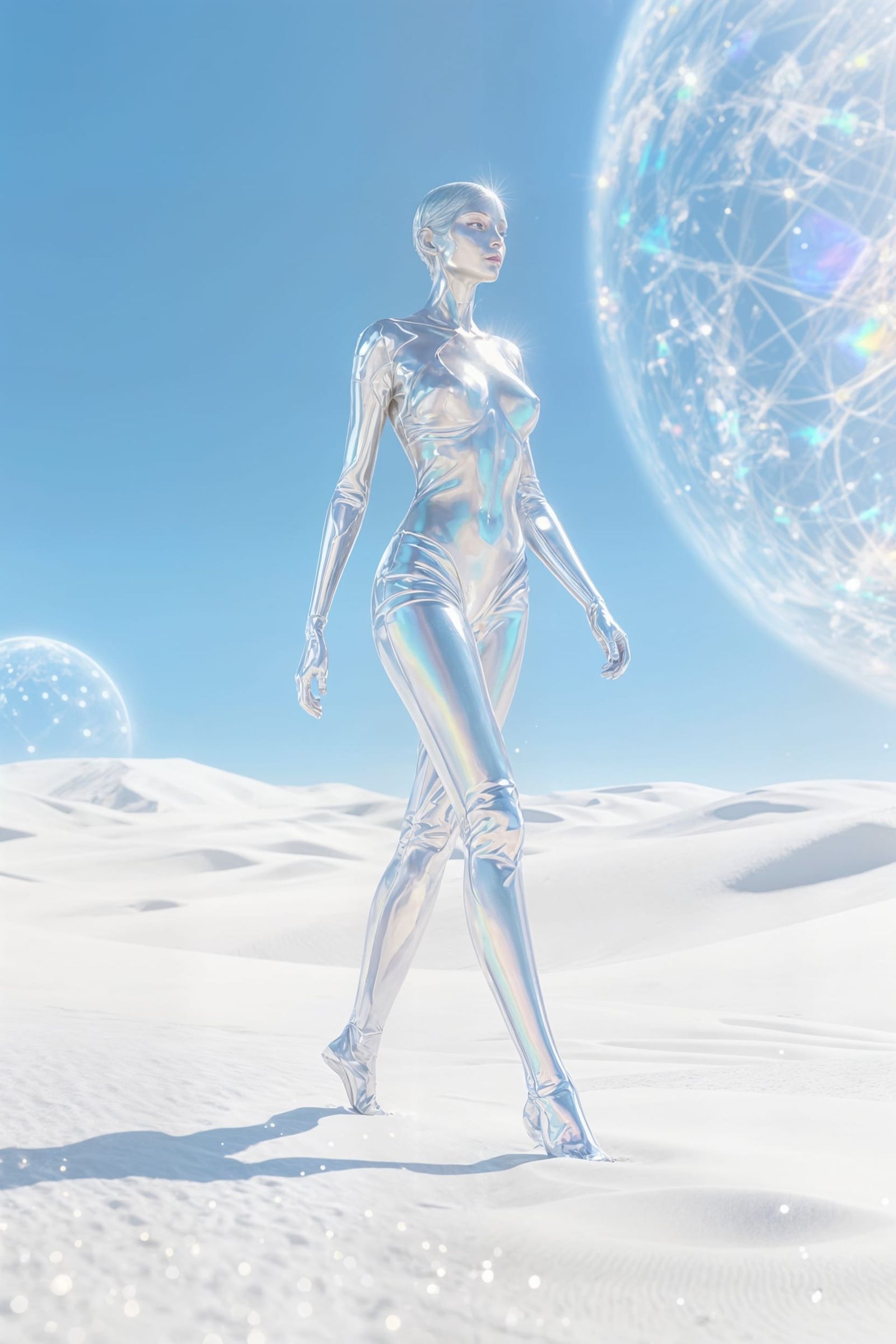 Iridescent Woman Walking on White Sand Planet