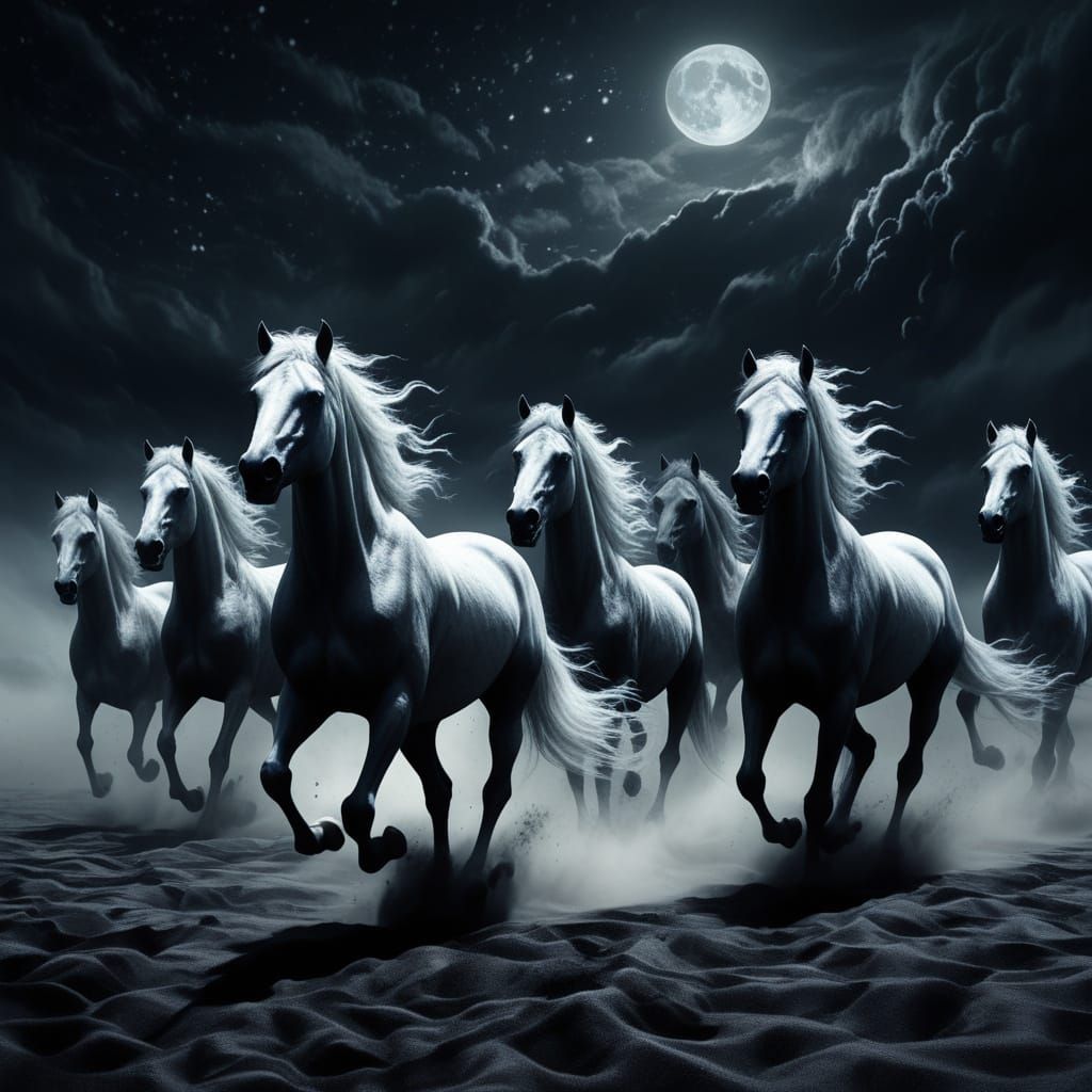 Ethereal Dream Horses Galloping in Dark Sky