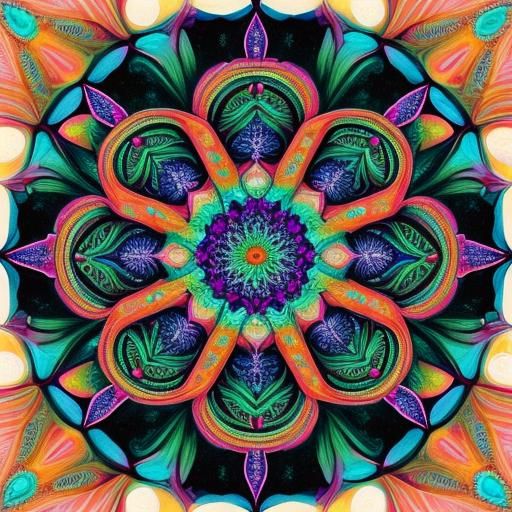 Vibrant Fractal Kaleidoscope Mandala in Psychedelic Style