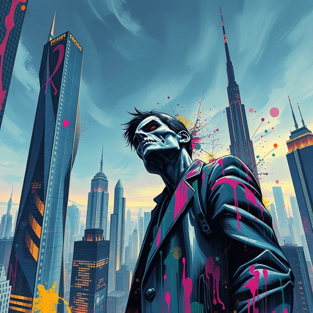 Sinister Figure Overlooking Futuristic City in Graffiti Art