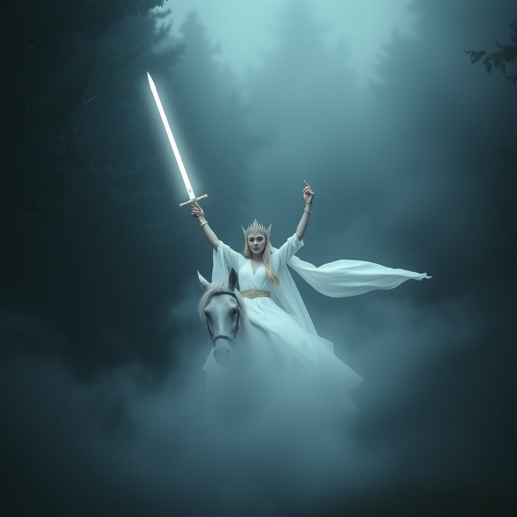 Elven Queen with Glowing Sword in Foggy Forest