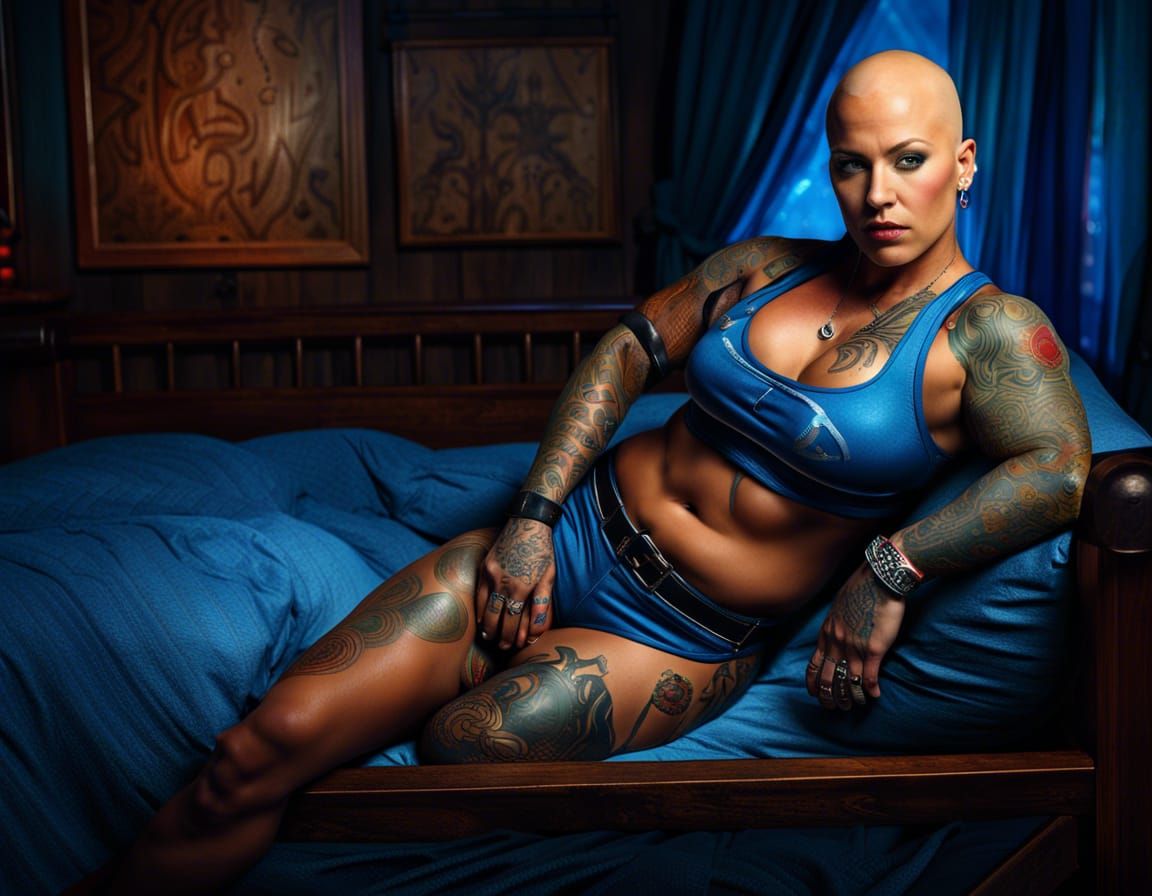 Bald Beauty in Blue Leather Bikini, Matte Painting