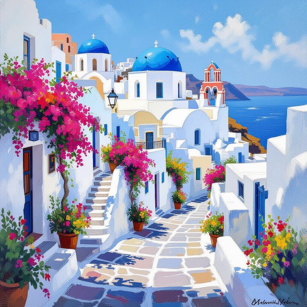 Santorini's Whitewashed Architecture in Impressionist Style