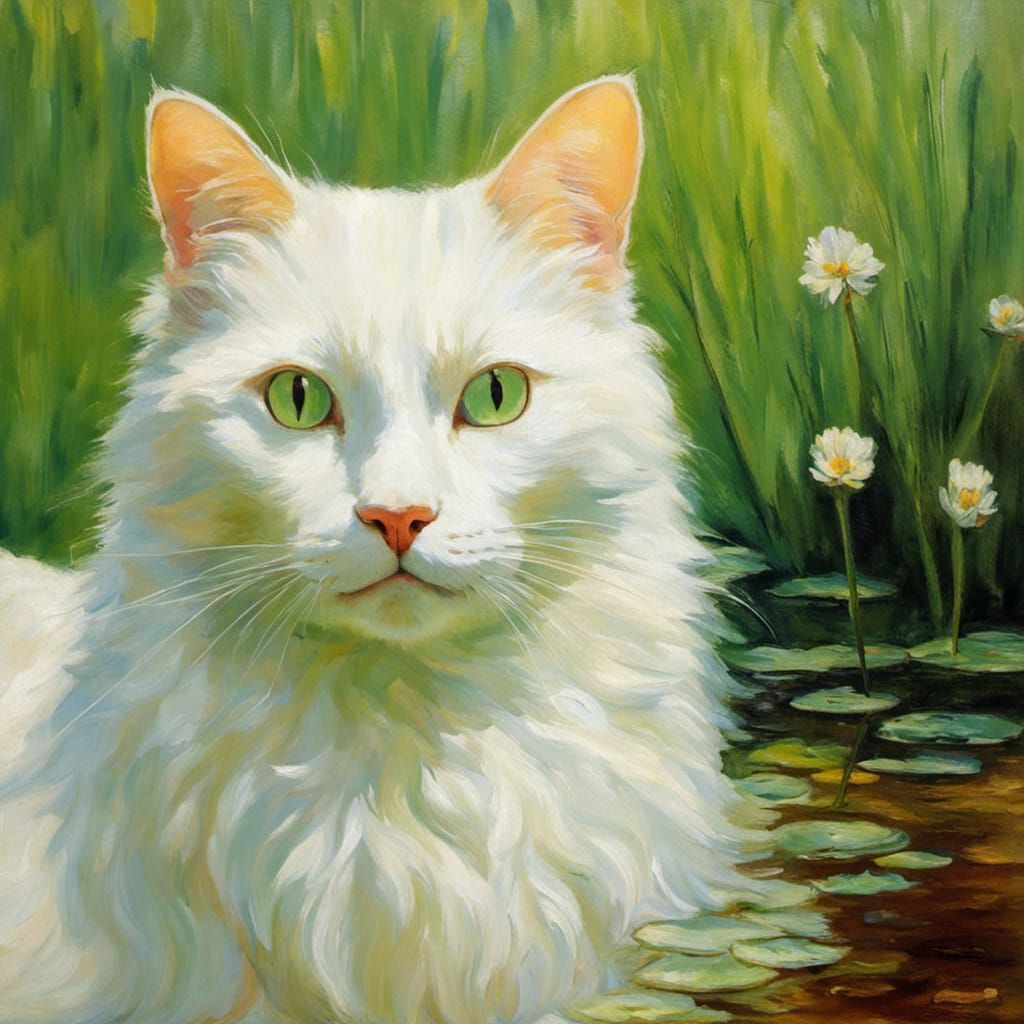 Cat near pond with water lillies