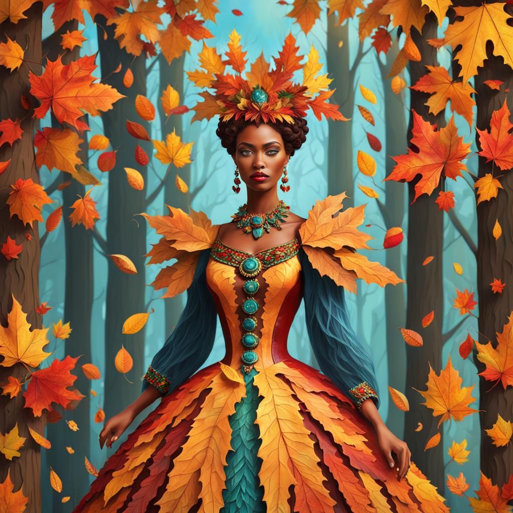Forest Queen in Autumn Leaves, Folk Art 3D