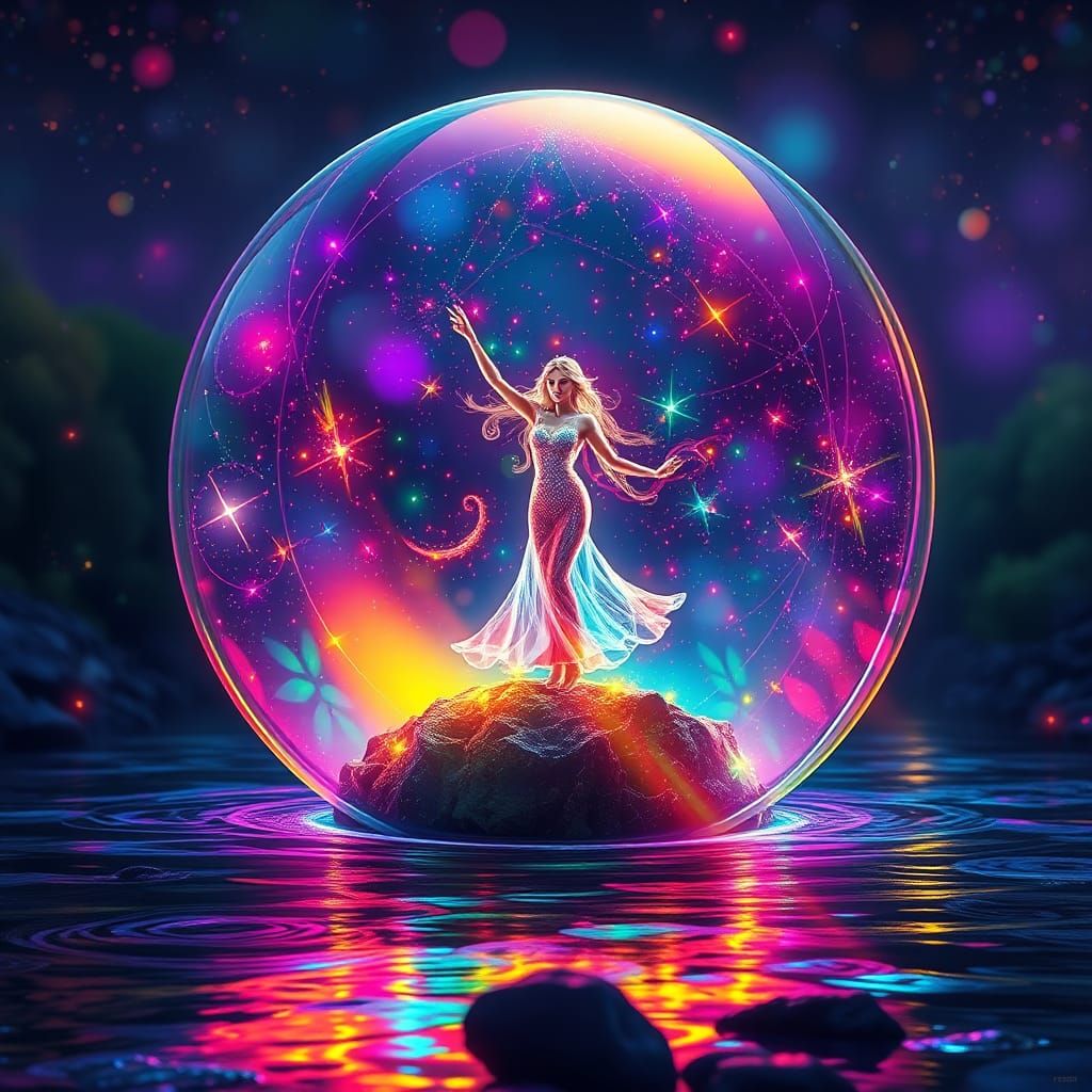 Woman in Orb on River: Airbrush Fantasy Art
