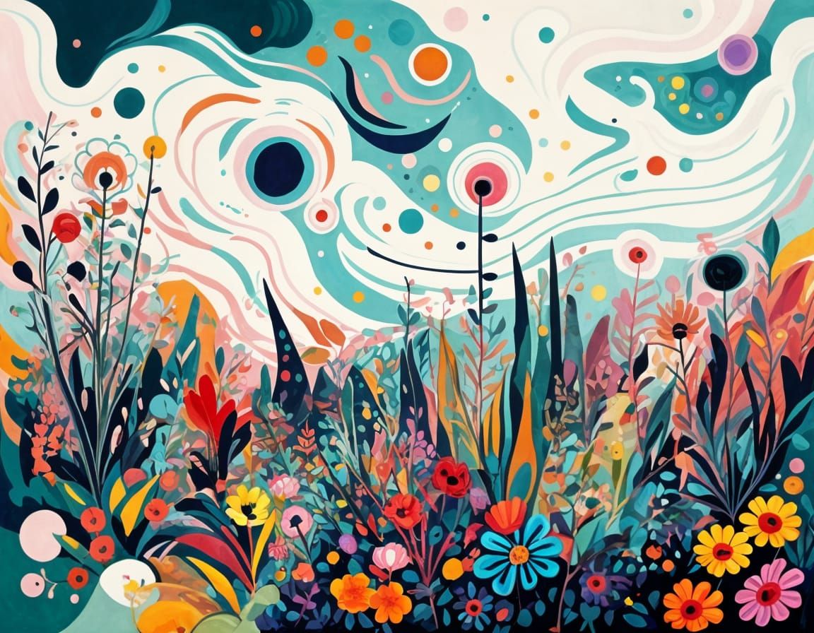 Cosmic Expressionist Garden in Retro-Futuristic Style