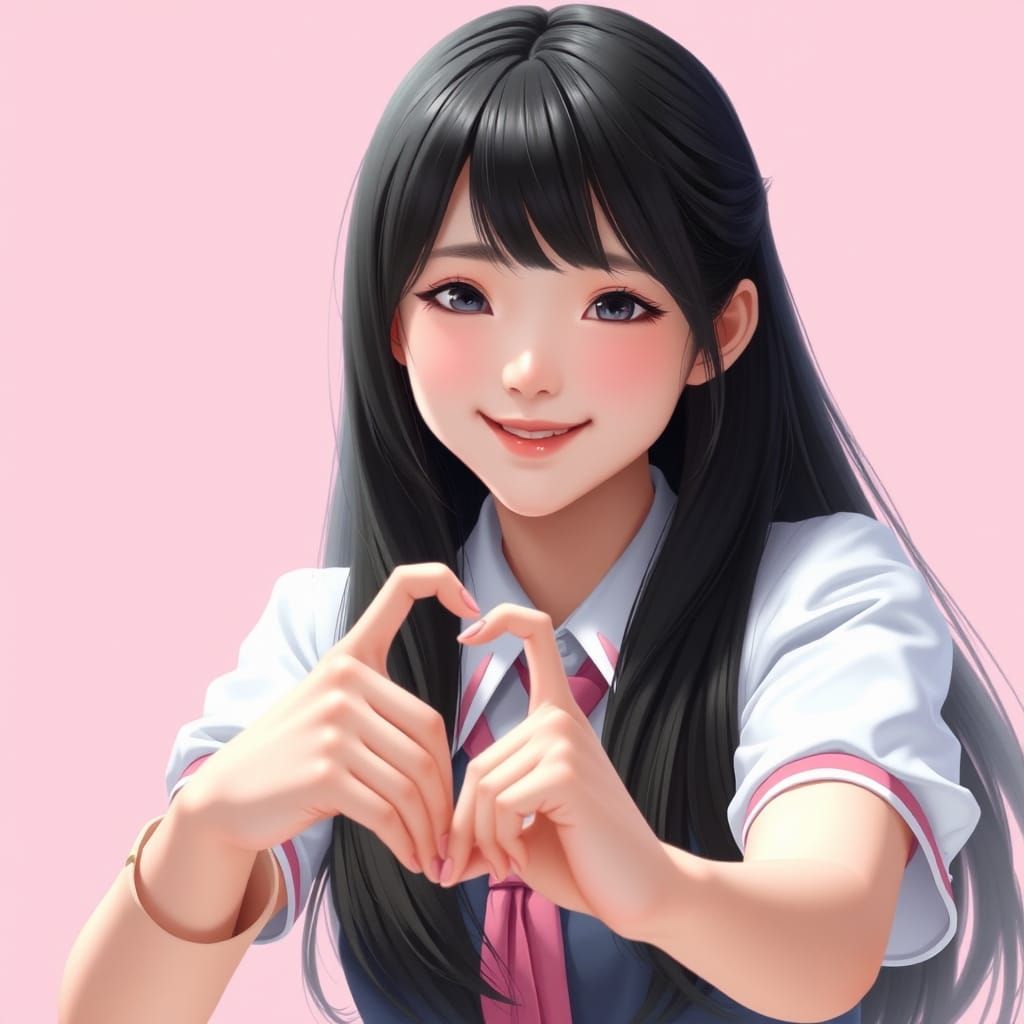 Smiling Asian Woman in School Uniform with Heart Hands