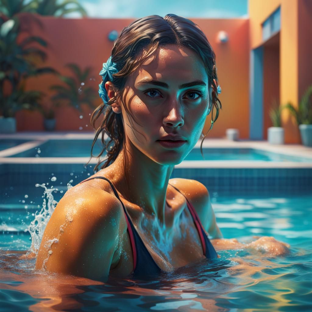 Hyperrealistic Girl in Pool Splash Art