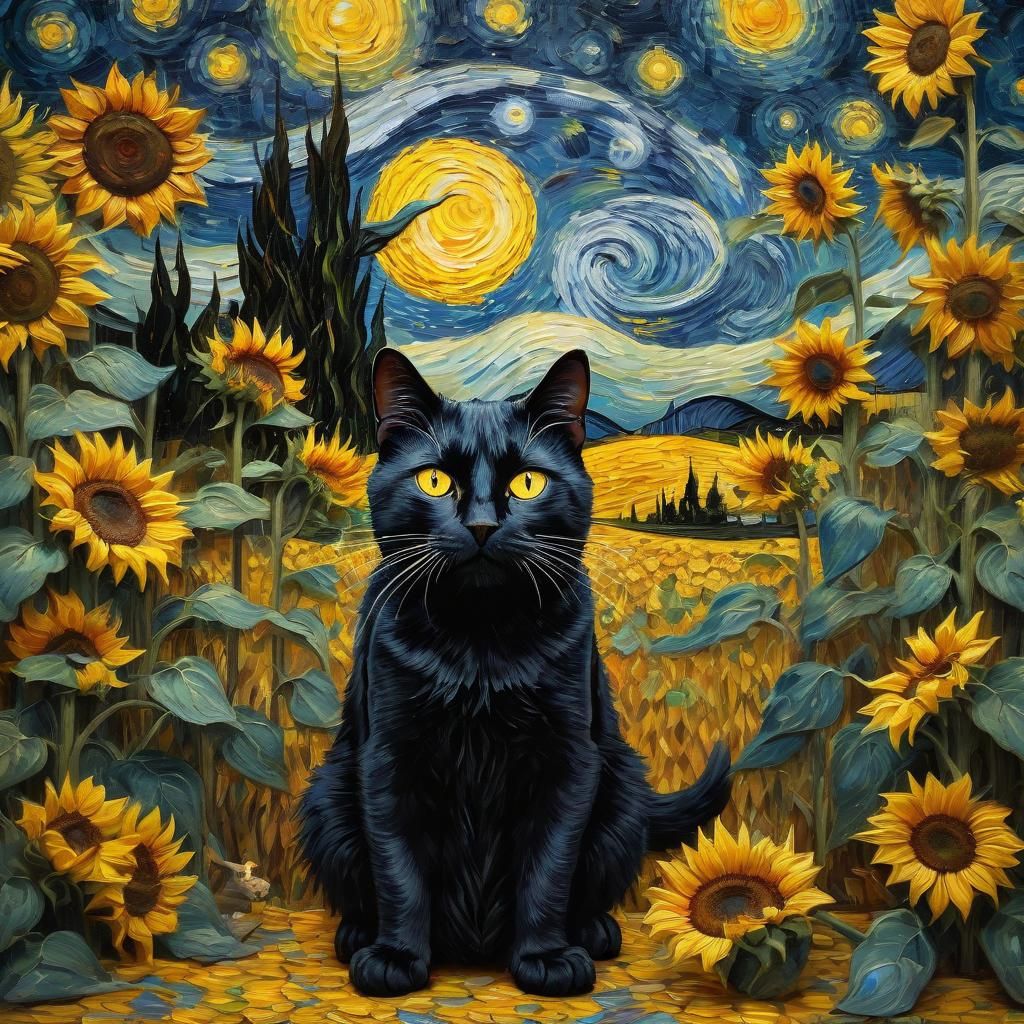 Starry Night Cat in Van Gogh Style