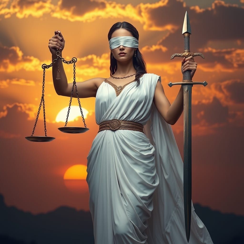 Ethereal Goddess of Justice Stands Tall in Sunset Glory