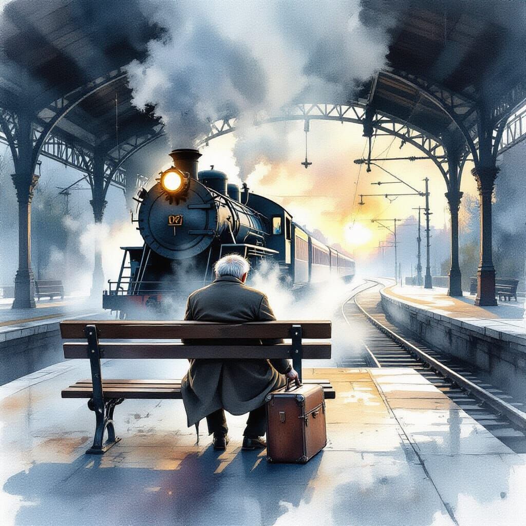Elderly Man Awaits Train at Abandoned Platform at Dawn