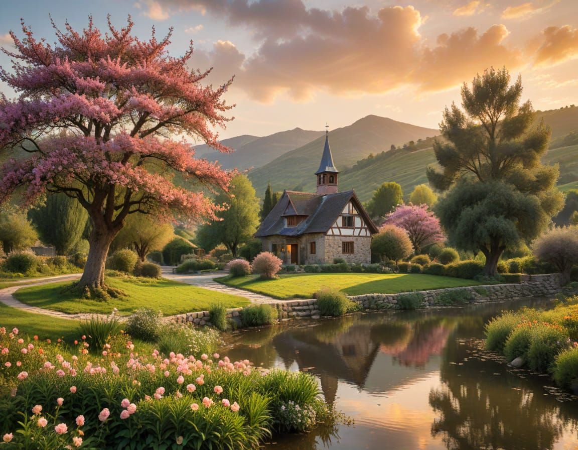 European Half-Timbered Cottage by Tranquil Pond