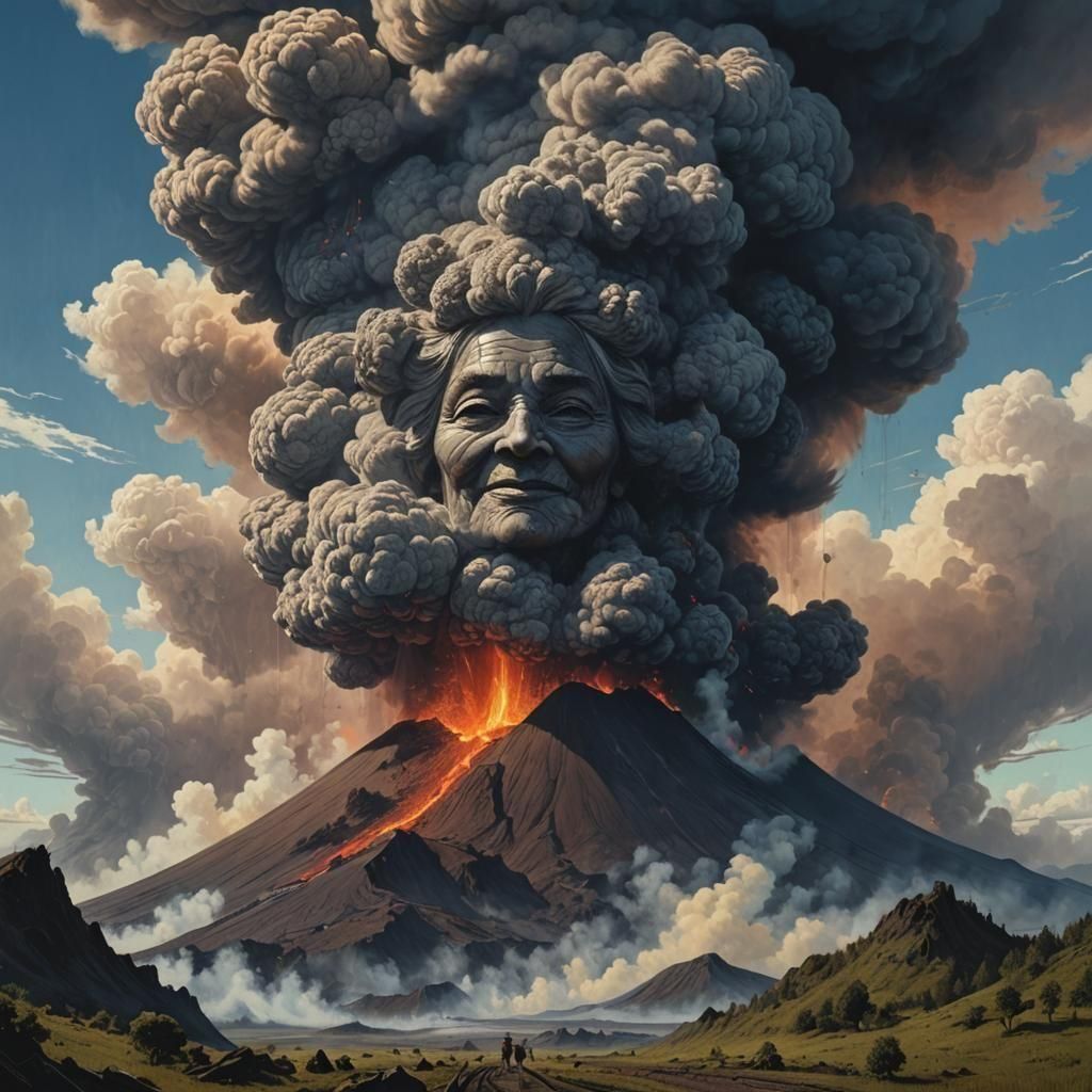 Volcanic Goddess and Grandmother Portrait in Clouds