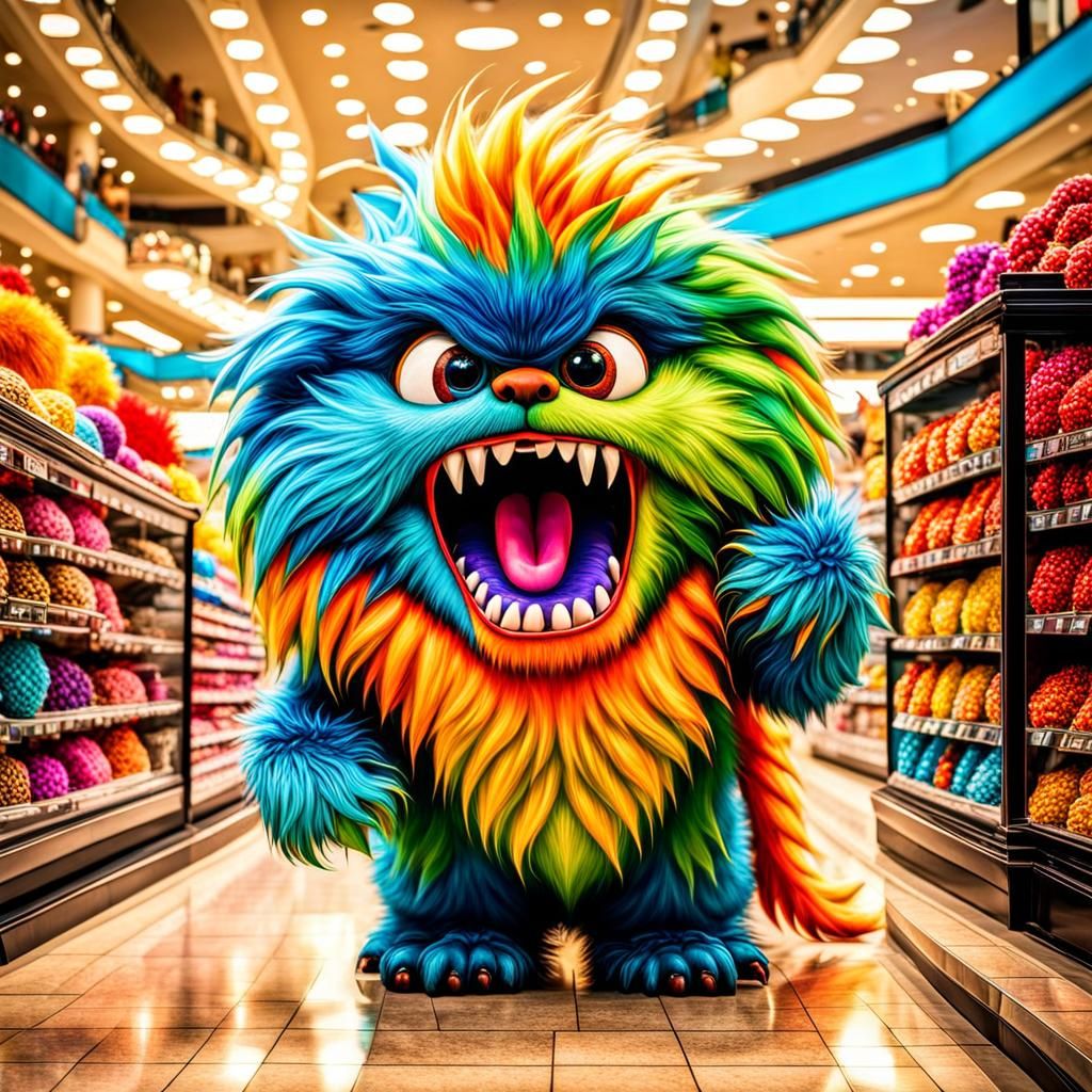 Hyperrealistic Furry Monster Tantrum in Mall