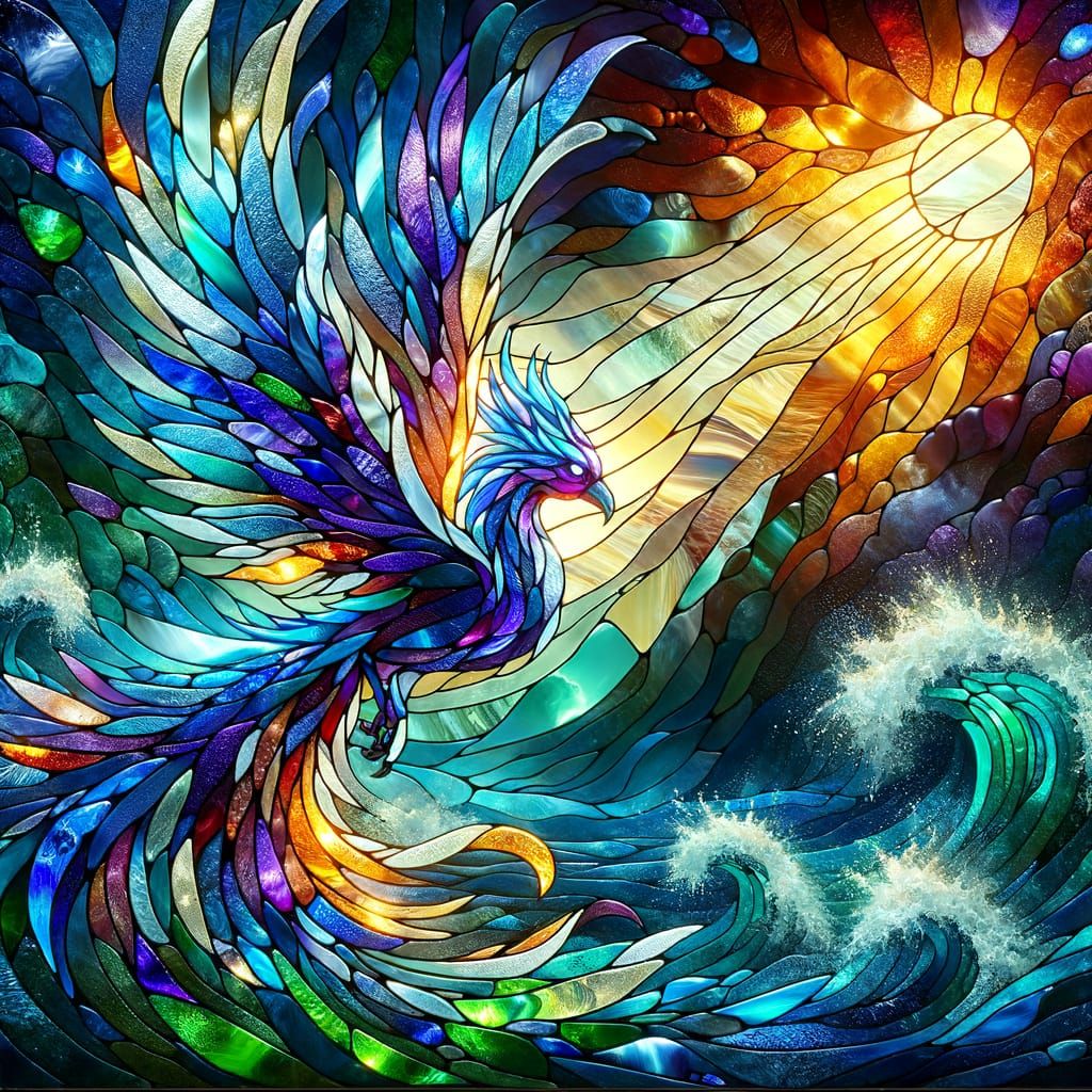 Phoenix of Iridescent Sea Glass Ascends Over Stormy Ocean