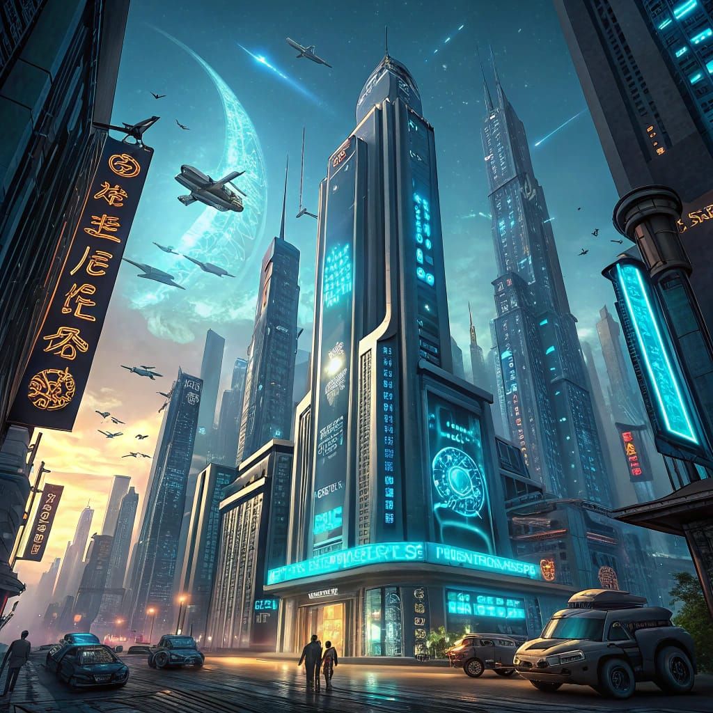 Glowing Metropolis with Shimmering Portal and Alien Hierogly...